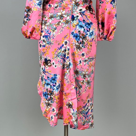 Boohoo Floral Print High Neck Ruched Midi Dress Blush Pink Satin size 10 - Picture 12 of 16